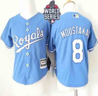 Toddler Royals #8 Mike Moustakas Light Blue Alternate 1 Cool Base W/2015 World Series Patch Stitched MLB Jersey