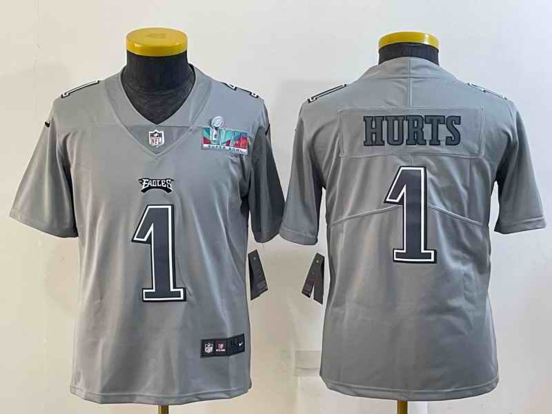 Youth Philadelphia Eagles #1 Jalen Hurts Gray Super Bowl LVII Patch Atmosphere Fashion Stitched Football Jersey