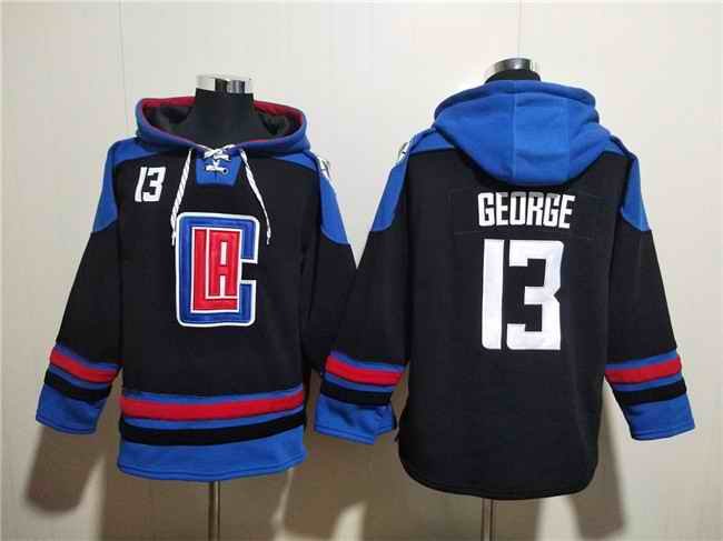 Men's Los Angeles Clippers #13 Paul George Black/Blue Lace-Up Pullover Hoodie