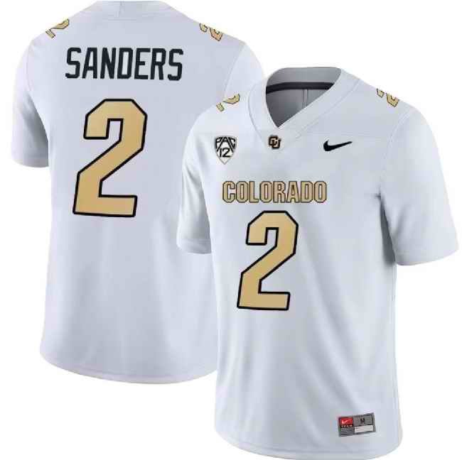 Men's Colorado Buffaloes #2 Shedeur Sanders White With PAC-12 Patch Stitched Football Jersey