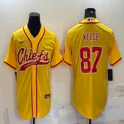 Men's Kansas City Chiefs #87 Travis Kelce Gold With Patch Cool Base Stitched Baseball Jersey