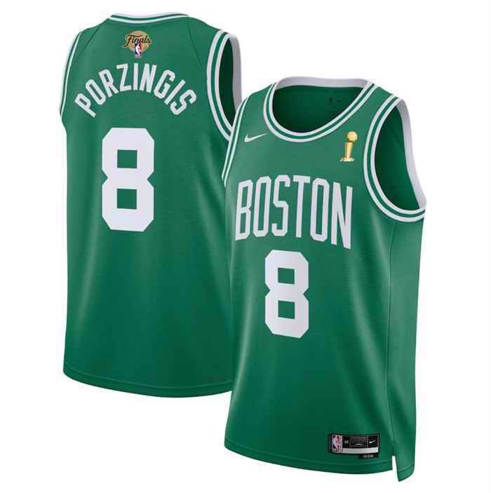 Men's Boston Celtics #8 Kristaps Porzingis  Kelly Green 2024 Finals Champions Icon Edition Stitched Basketball Jersey