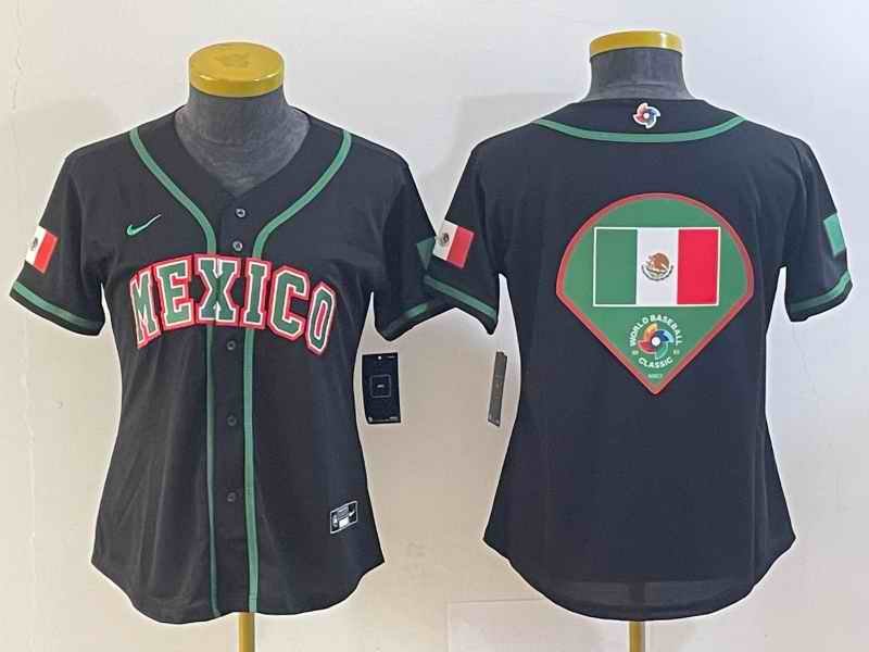 Youth Mexico Baseball Blank 2023 Black World Baseball With Big Logo Classic Stitched Jersey