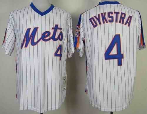 Mitchell and Ness Mets #4 Len Dykstra White Blue Strip Stitched MLB Jersey