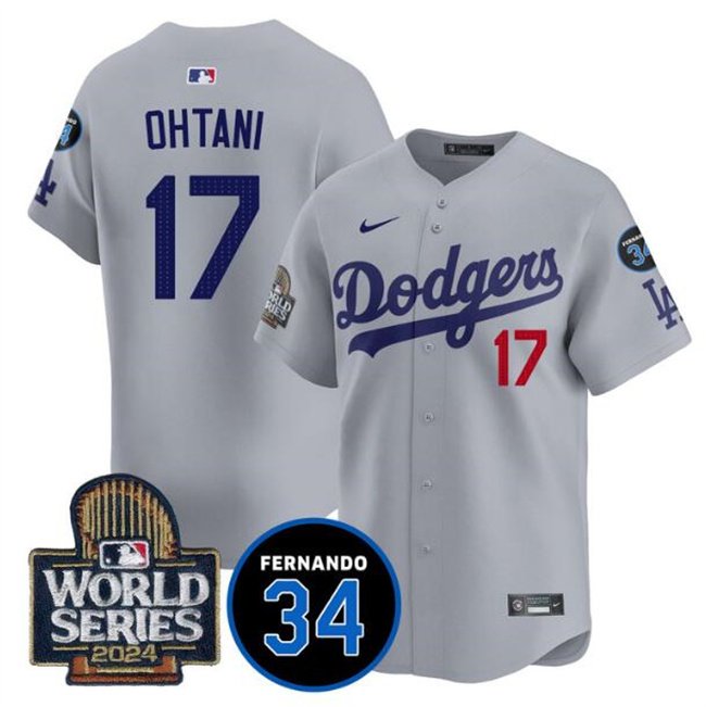 Men's Los Angeles Dodgers #17 Shohei Ohtani Grey 2024 World Series With Fernando Memorial Patch Limited Stitched Baseball Jersey