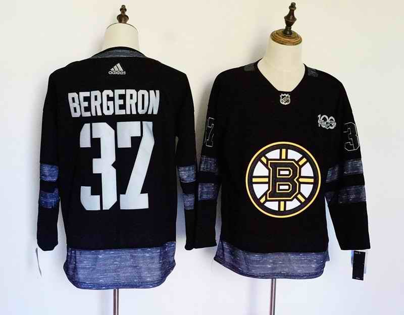 Men's Adidas Boston Bruins #37 Patrice Bergeron Black 1917-2017 100th Anniversary Stitched NHL Jersey