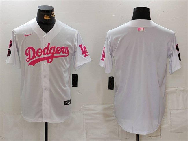 Men's Los Angeles Dodgers Blank White/Pink Vin & Kobe Patch Stitched Baseball Jersey