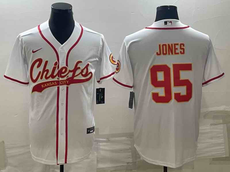 Men's Kansas City Chiefs #95 Chris Jones White With Patch Cool Base Stitched Baseball Jersey