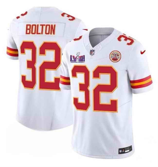 Youth Kansas City Chiefs #32 Nick Bolton White Super Bowl LVIII Patch 2023 F.U.S.E. Vapor Untouchable Limited Stitched Jersey