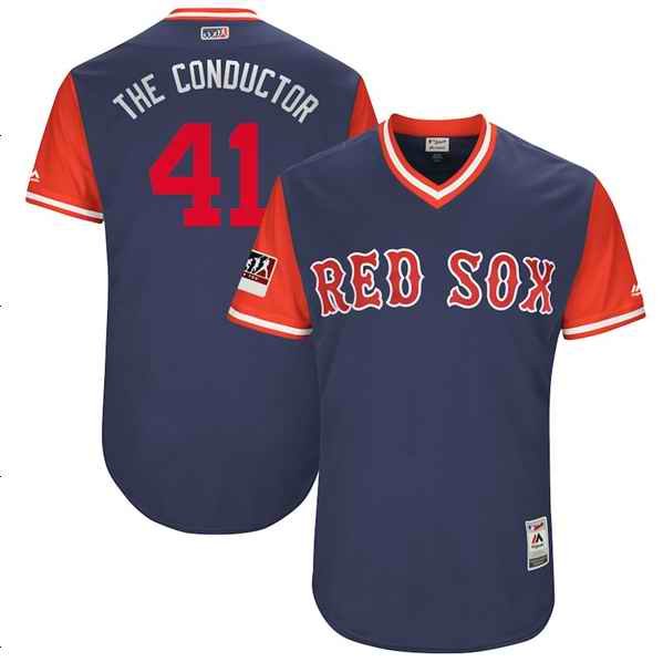 Men's Boston Red Sox #41 Chris Sale The Conductor Majestic Navy/Red 2018 Players' Weekend Authentic Stitched MLB Jersey