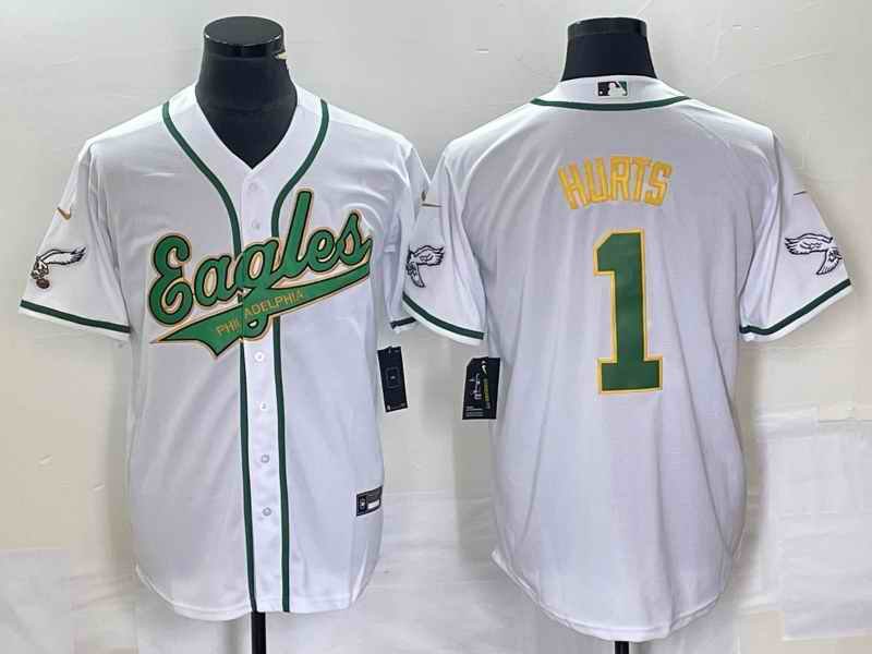 Men's Philadelphia Eagles #1 Jalen Hurts White Gold Cool Base Stitched Baseball Jersey