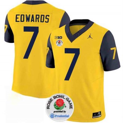 Men's Michigan Wolverines #7 Donovan Edwards 2023 F.U.S.E. Yellow/Navy Rose Bowl Patch Stitched Jersey