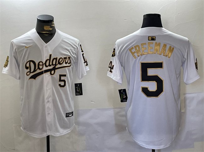 Men's Los Angeles Dodgers #5 Freddie Freeman White/Gold 2024 World Series With Fernando Memorial Home Limited Stitched Baseball Jersey