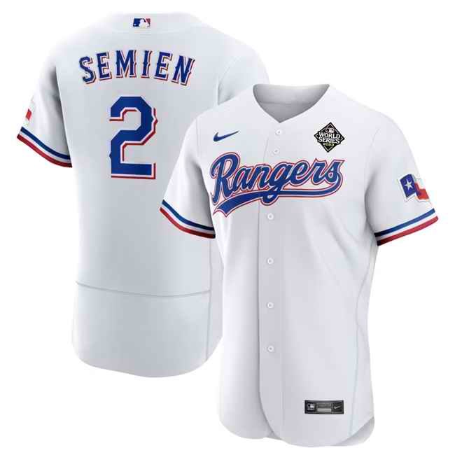 Men's Texas Rangers #2 Marcus Semien White 2023 World Series Flex Base Stitched Baseball Jersey