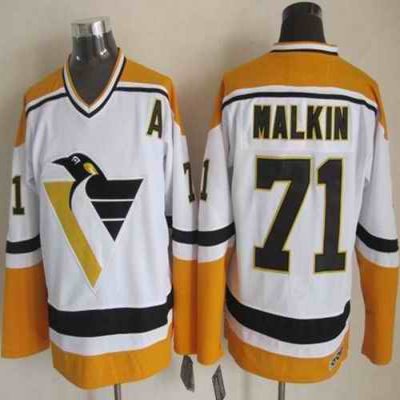 Penguins #71 Evgeni Malkin White/Yellow CCM Throwback Stitched NHL Jersey