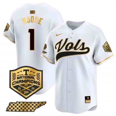 Men's Tennessee Volunteers #1 Christian Moore White Gold 2024 Champions Vapor Limited Stitched Jersey