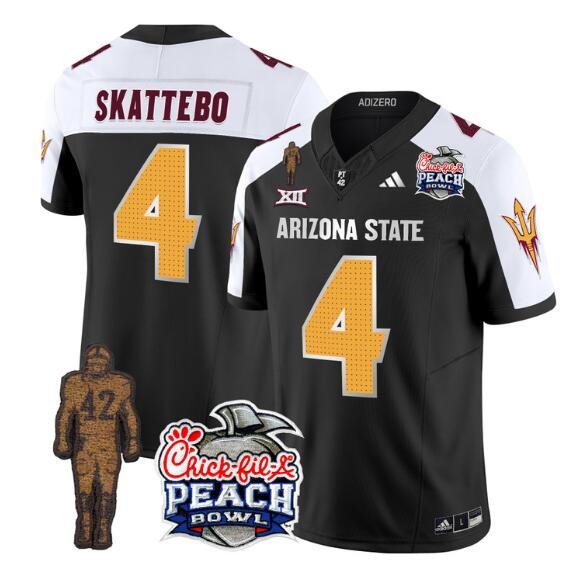 Men's Arizona State Sun Devils #4 Cam Skattebo 2024 F.U.S.E. Black/White Pat Tillman & Peach Bowl Patch Vapor Limited Stitched Jersey