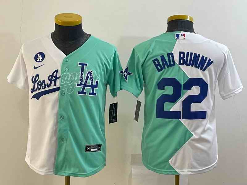 Youth Los Angeles Dodgers #22 Bad Bunny 2022 All-Star White/Green Split Stitched Jersey