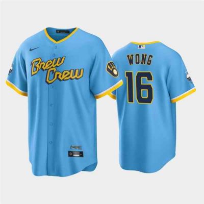 Men's Milwaukee Brewers #16 Kolten Wong 2022 Powder Blue City Connect Cool Base Stitched Jersey