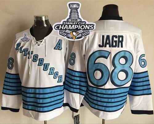 Penguins #68 Jaromir Jagr White/Light Blue CCM Throwback 2016 Stanley Cup Champions Stitched NHL Jersey