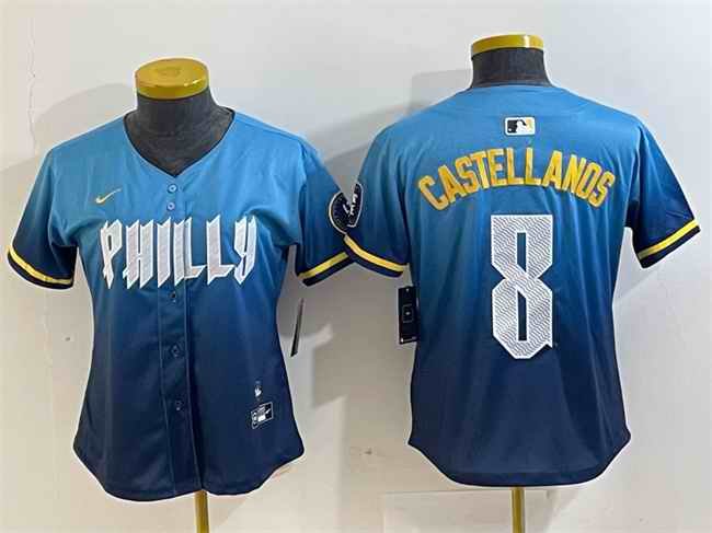 Women's Philadelphia Phillies #8 Nick Castellanos Blue 2024 City Connect Limited Stitched Baseball Jersey