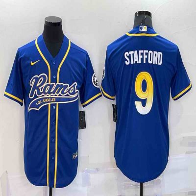 Men's Los Angeles Rams #9 Matthew Stafford Royal With Patch Cool Base Stitched Baseball Jersey