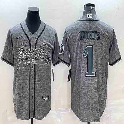 Men's Philadelphia Eagles #1 Jalen Hurts Grey With Patch Cool Base Stitched Baseball Jersey