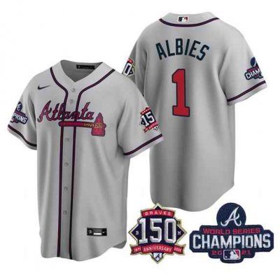 Women's Atlanta Braves #1 Ozzie Albies 2021 Grey World Series Champions With 150th Anniversary Patch Cool Base Stitched Jersey(Run Small)