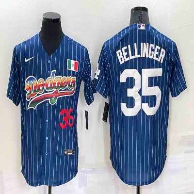 Men's Los Angeles Dodgers #35 Cody Bellinger Navy Mexico Rainbow Cool Base Stitched Baseball Jersey