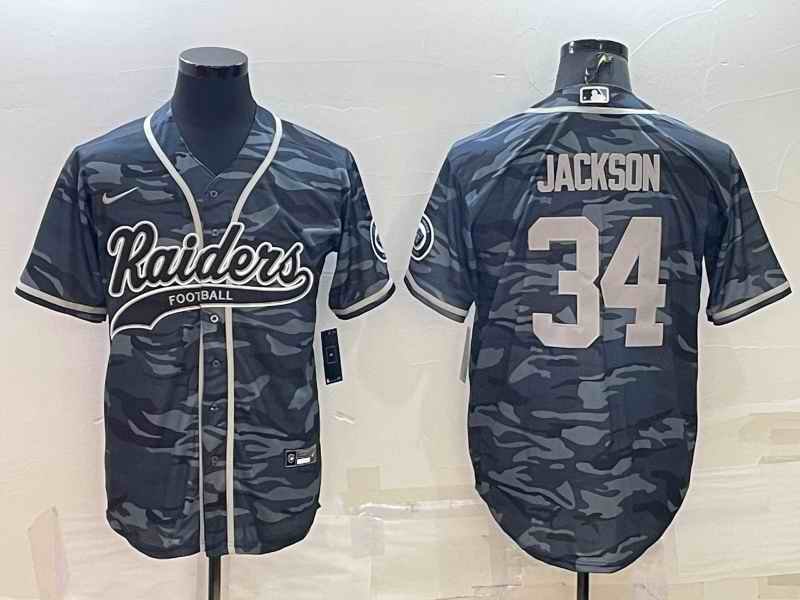 Men's Las Vegas Raiders #34 Bo Jackson Grey Camo With Patch Cool Base Stitched Baseball Jersey