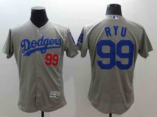 Dodgers #99 Hyun-Jin Ryu Grey Flexbase Authentic Collection Stitched MLB Jersey