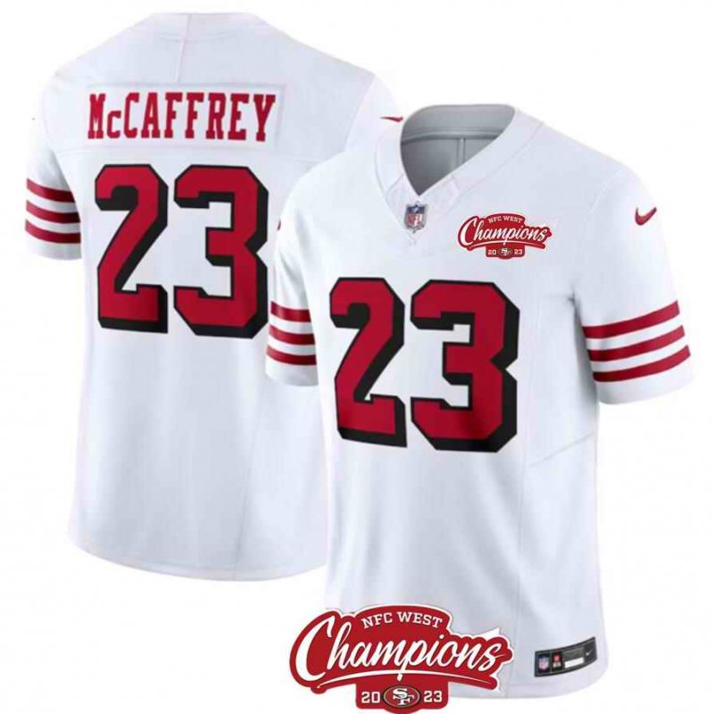 Men's San Francisco 49ers #23 Christian McCaffrey White 2023 F.U.S.E. NFC West Champions Patch Alternate Stitched Football Jersey