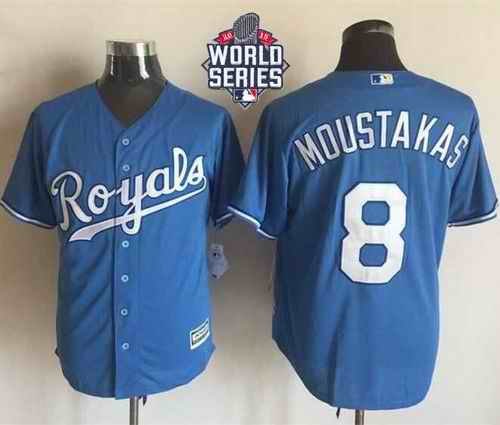 Royals #8 Mike Moustakas Light Blue Alternate 1 New Cool Base W/2015 World Series Patch Stitched MLB Jersey