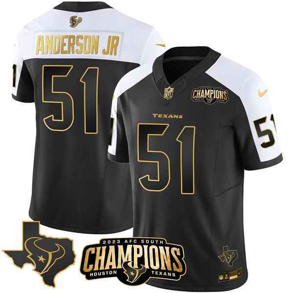 Men's Houston Texans #51 Will Anderson Jr. Black/White Golden  2023 F.U.S.E. With AFC South Champions Patch And Team Logo Patch Limited Stitched Football Jersey