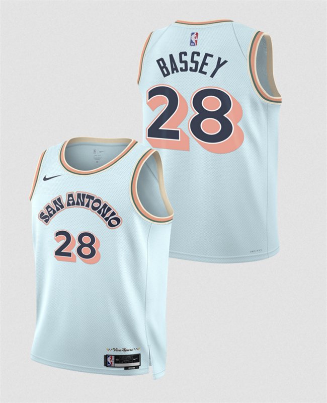 Men's San Antonio Spurs #28 Charles Bassey Light Blue 2024/25 City Edition Stitched Basketball Jersey