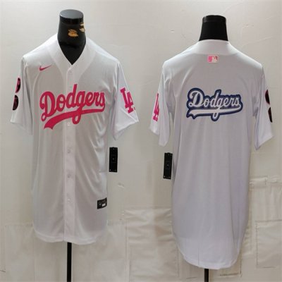 Men's Los Angeles Dodgers Team Big Logo White/Pink Vin & Kobe Patch Stitched Baseball Jersey