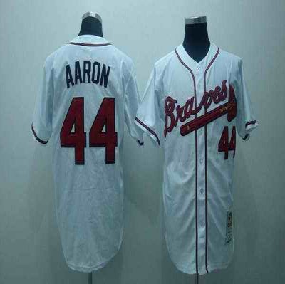 Mitchell and Ness Braves #44 Hank Aaron Stitched White Throwback MLB Jersey