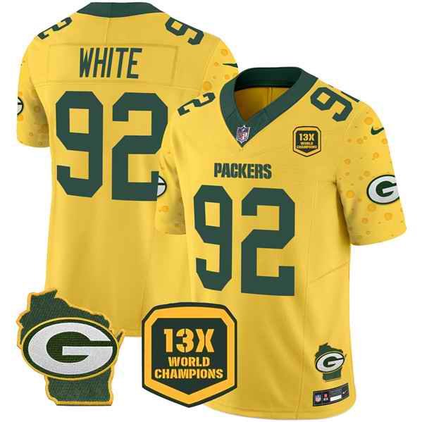 Men's Green Bay Packers #92 Reggie White Cheese Gold 2024 F.U.S.E. 13 Time World Champions And Home Patch Vapor Untouchable Limited Stitched Football Jersey