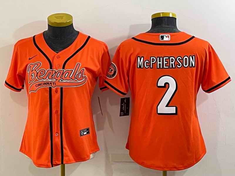 Women's Cincinnati Bengals #2 Evan McPherson Orange With Patch Cool Base Stitched Baseball Jersey(Run Small)