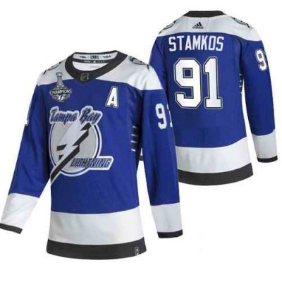 Men's Tampa Bay Lightning #91 Steven Stamkos 2021 Blue Stanley Cup Champions Reverse Retro Stitched Jersey