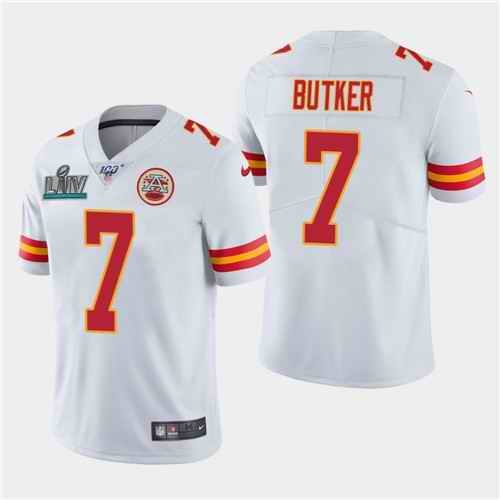 Men's Kansas City Chiefs #7 Harrison Butker White Super Bowl LIV With 100th Season Patch Vapor Untouchable Limited Stitched NFL Jersey