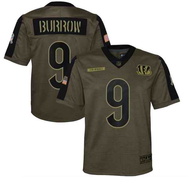 Youth Cincinnati Bengals #9 Joe Burrow 2021 Olive Salute To Service Limited Stitched Jersey