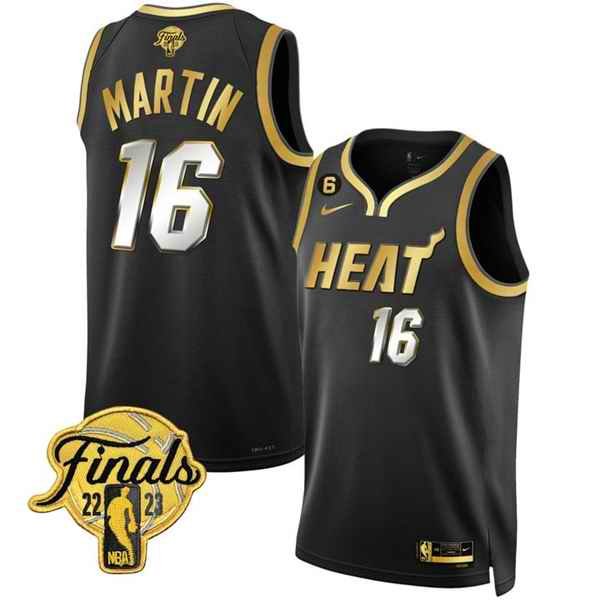 Men's Miami Heat #16 Caleb Martin Black Gold Edition 2023 Finals Collection With NO.6 Patch Stitched Basketball Jersey