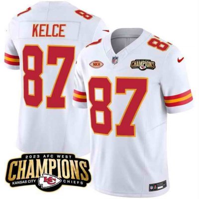 Men's Kansas City Chiefs #87 Travis Kelce White 2023 F.U.S.E. AFC West Champions With NKH Patch Vapor Untouchable Limited Stitched Jersey