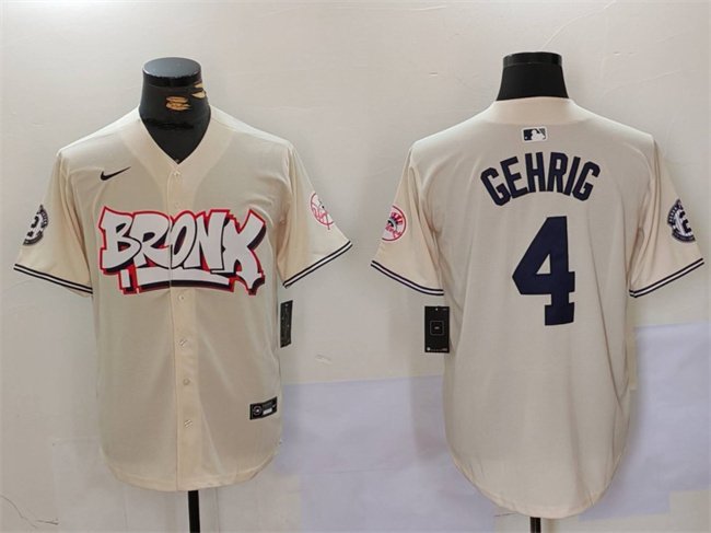 Men's New York Yankees #4 Lou Gehrig Cream Bronx Graffiti V2 Vapor Limited Stitched Baseball Jersey