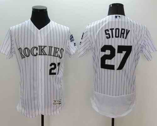 Rockies #27 Trevor Story White Strip Flexbase Authentic Collection Stitched MLB Jersey