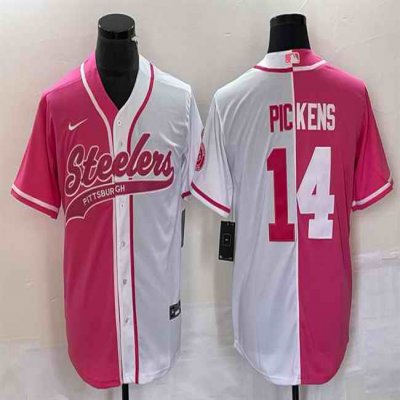 Men's Pittsburgh Steelers #14 George Pickens White Pink Split Cool Base Stitched Baseball Jersey