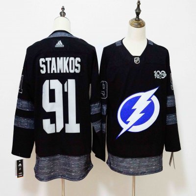 Men's Adidas Tampa Bay Lightning #91 Steven Stamkos Black 1917-2017 100th Anniversary Jersey