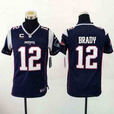 Nike Patriots #12 Tom Brady Navy Blue Team Color With C Patch Youth Stitched NFL New Elite Jersey