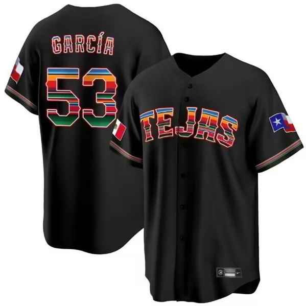 Men's Texas Rangers #53 Adolis Garcia Mexico Black Cool Base Stitched Baseball  Jersey